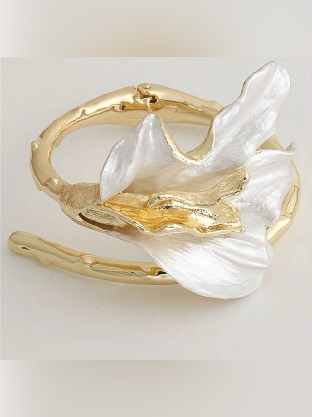 Gold Sculpted Floral Cuff Bracelet • Pearl Petal Statement • Chic Minimal Luxury - Picture 2 of 4